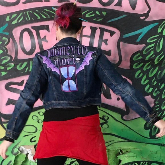 Momento Mori Winged Hourglass Hocus Pocus Cemetery Inspired Custom Jean Jacket - Picture 4 of 15